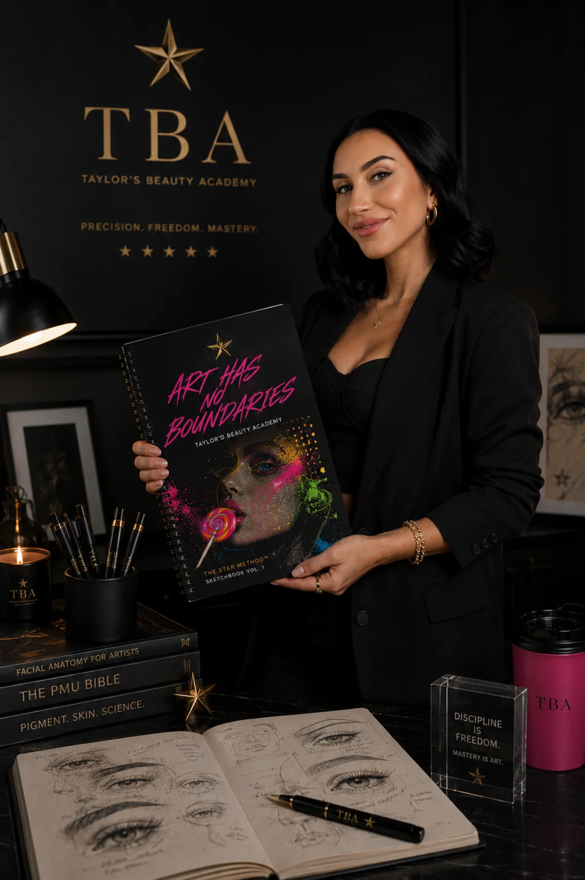 Taylor with the workbook and product line